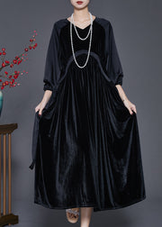 Chic Black Oversized Patchwork Drawstring Silk Velvet Dress Spring