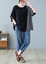 Chic Black Oversized Patchwork Plaid Side Open Cotton Tops Summer