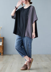 Chic Black Oversized Patchwork Plaid Side Open Cotton Tops Summer