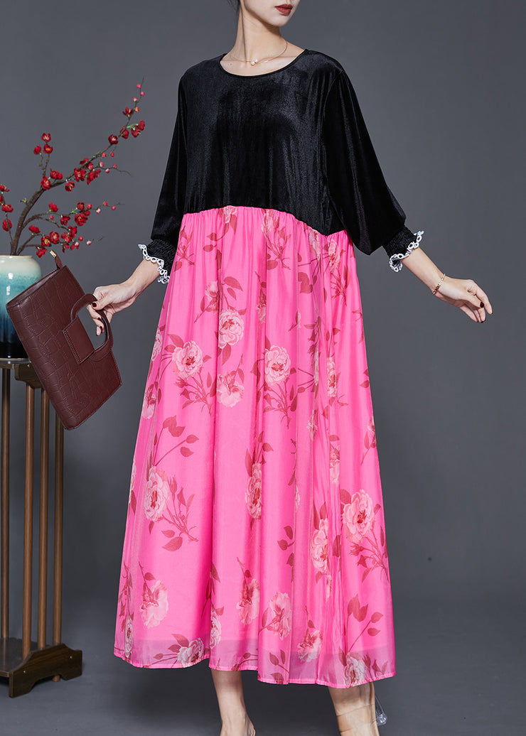 Chic Black Oversized Patchwork Silk Velvet Long Dresses Spring