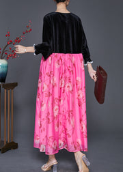 Chic Black Oversized Patchwork Silk Velvet Long Dresses Spring