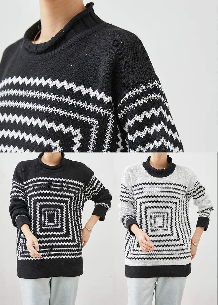 Chic Black Oversized Print Knit Sweaters Winter