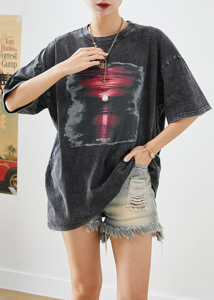 Chic Black Oversized Sunset Print Cotton Tank Tops Summer