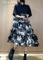 Chic Black Patchwork Print Cotton Button Summer Maxi Dress - SooLinen