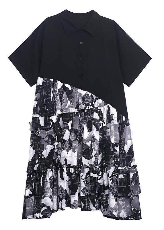 Chic Black Patchwork Print Cotton Button Summer Maxi Dress - SooLinen