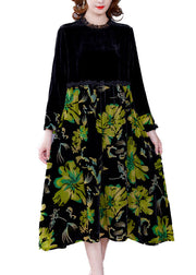 Chic Black Patchwork Print Velour Dress Spring