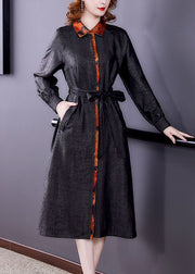 Chic Black Patchwork Tie Waist Silk Fake Two Piece Trench Coat Long Sleeve