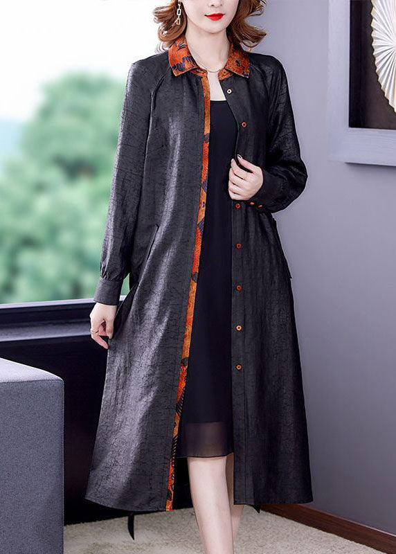 Chic Black Patchwork Tie Waist Silk Fake Two Piece Trench Coat Long Sleeve