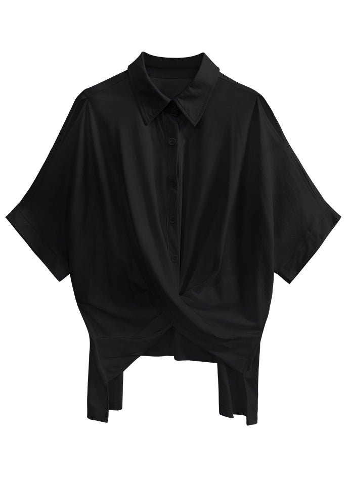 Chic Black Peter Pan Collar Asymmetrical Patchwork Cotton Shirt Top Summer