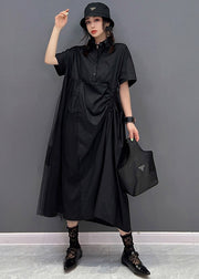 Chic Black Peter Pan Collar Cinched Button Tulle Patchwork Maxi Dresses Short Sleeve