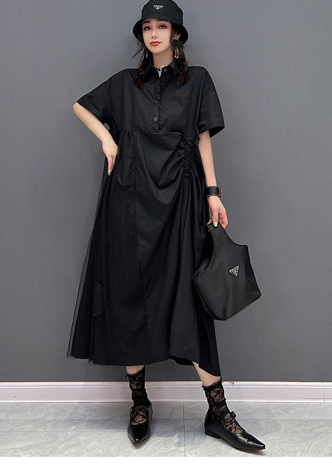 Chic Black Peter Pan Collar Cinched Button Tulle Patchwork Maxi Dresses Short Sleeve