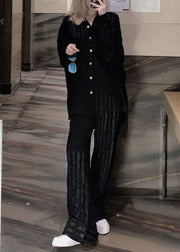 Chic Black Peter Pan Collar Striped Ice Silk Two Pieces Set Pajamas Spring