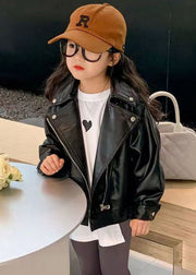 Chic Black Peter Pan Collar Zip Up Faux Leather Girls Coats Fall
