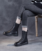 Chic Black Platform Cowhide Leather Lace Up Boots