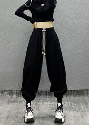 Chic Black Pockets Drawstring Warm Fleece Sport Beam Pants Winter