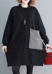 Schicke schwarze Taschen Patchwork warme Fleece-Sweatshirts kleiden Winter