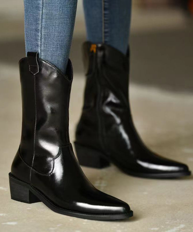 Chic Black Pointed Toe Boots Chunky Cowhide Leather