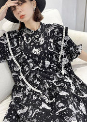 Chic Black Print Asymmetric Short Sleeve Dress - SooLinen