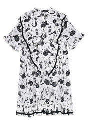 Chic Black Print Asymmetric Short Sleeve Dress - SooLinen
