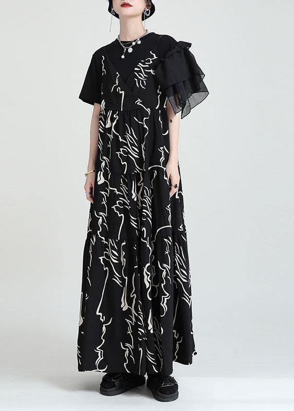 Chic Black Print Asymmetrical Design A Line Dress Sleeveless - SooLinen