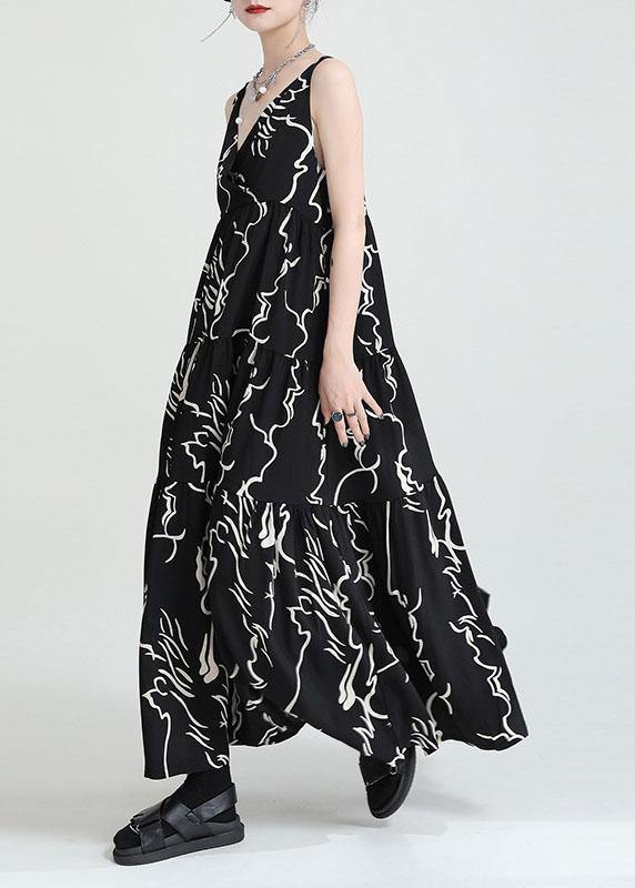 Chic Black Print Asymmetrical Design A Line Dress Sleeveless - SooLinen