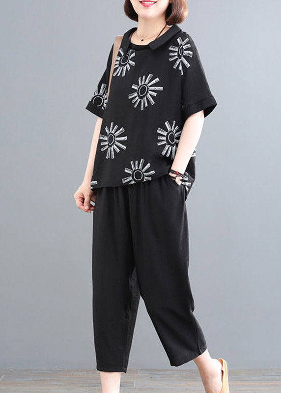 Chic Black Print O-Neck Top And Crop Pants Two Pieces Sets Summe