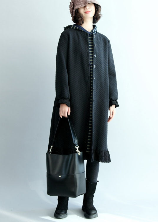 Chic Black Ruffled Button Cotton trench coats Spring
