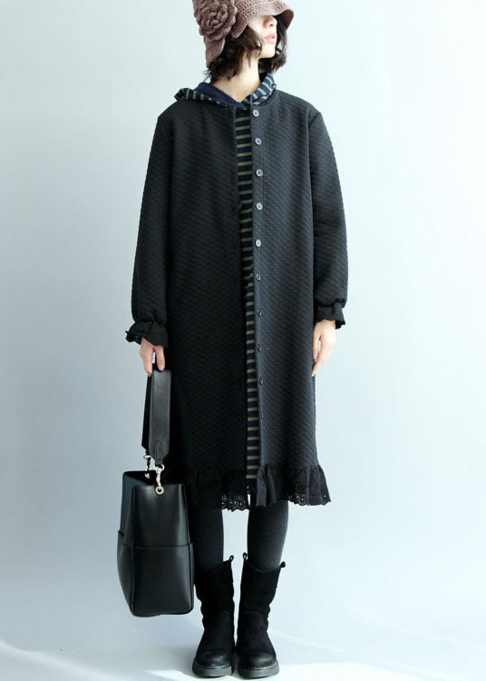 Schicke schwarze Trenchcoats aus gekräuselter Baumwolle mit Knöpfen Frühling