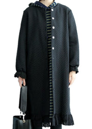 Chic Black Ruffled Button Cotton trench coats Spring