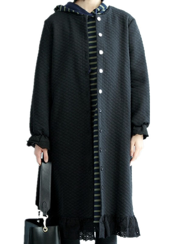 Schicke schwarze Trenchcoats aus gekräuselter Baumwolle mit Knöpfen Frühling