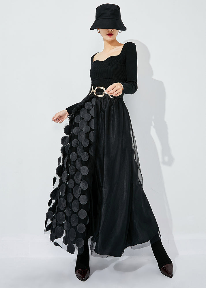 Chic Black Ruffled Patchwork Dot Tulle A Line Skirts Summer