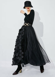 Chic Rose-Black Dot Ruffled Patchwork Dot Tulle A Line Skirts Summer