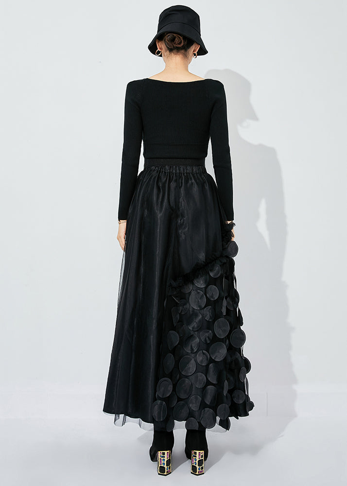 Chic Black Ruffled Patchwork Dot Tulle A Line Skirts Summer