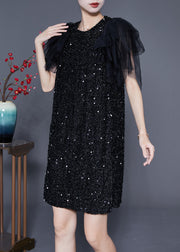 Chic Black Sequins Patchwork Mid Dress Vestidos Summer