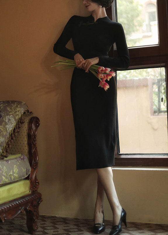 Chic Black Slim Fit Side Open Knit Cheongsam Dresses Spring