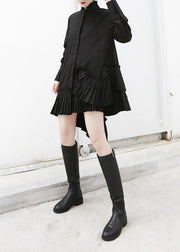 Chic Black Stand Collar Asymmetrical Wrinkled Cotton Shirts Fall