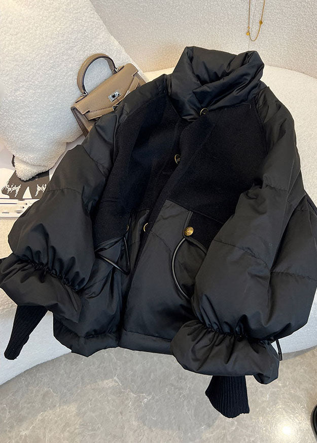 Chic Black Stand Collar Drawstring Zippered Fine Cotton Filled Puffer Jacket Winter