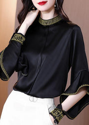 Chic Black Stand Collar Embroidered Ruffles Silk Shirt Spring