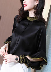 Chic Black Stand Collar Embroidered Ruffles Silk Shirt Spring