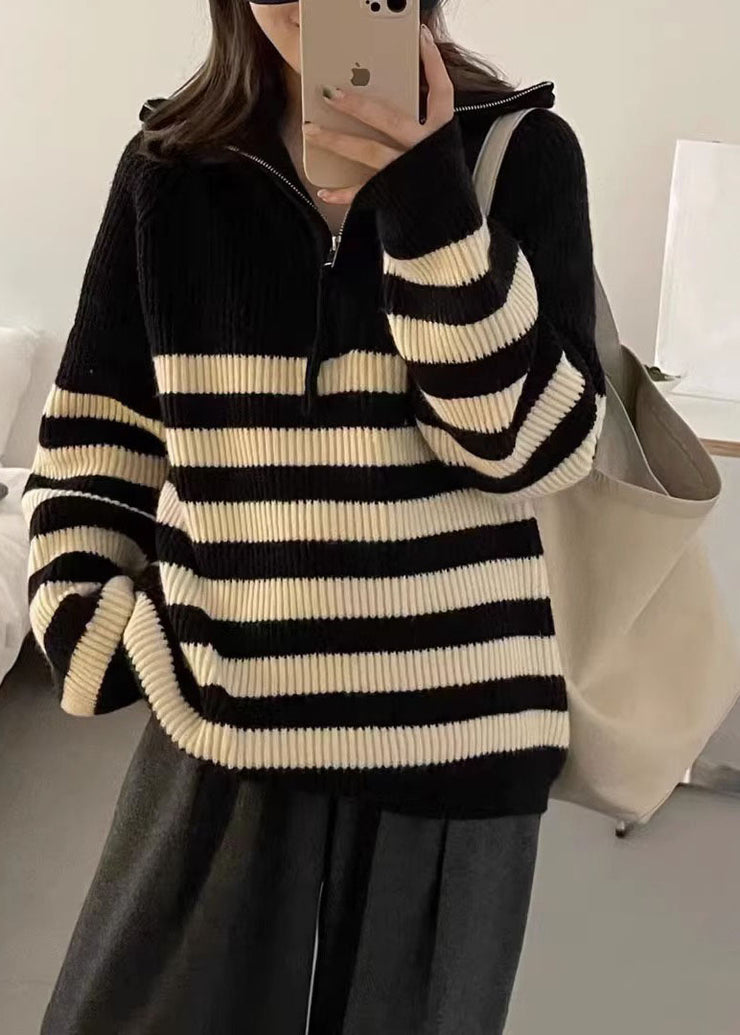 Chic Black Stand Collar Striped Patchwork Thick Knit Pullover Long Sleeve