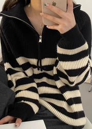 Chic Black Stand Collar Striped Patchwork Thick Knit Pullover Long Sleeve