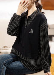 Chic Black Striped Peter Pan Collar Patchwork Cotton Shirt Long Sleeve