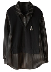 Chic Black Striped Peter Pan Collar Patchwork Cotton Shirt Long Sleeve
