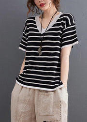 Chic Black Striped V Neck Cotton Linen Summer Tee - SooLinen