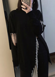 Chic Black Tasseled Hole Patchwork Cotton Knit Sweaters Long Sleeve