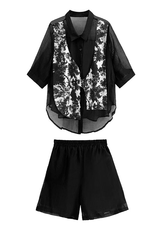Chic Black Tie Dye Patchwork Shirts And Shorts Cotton Two Piece Set Summer