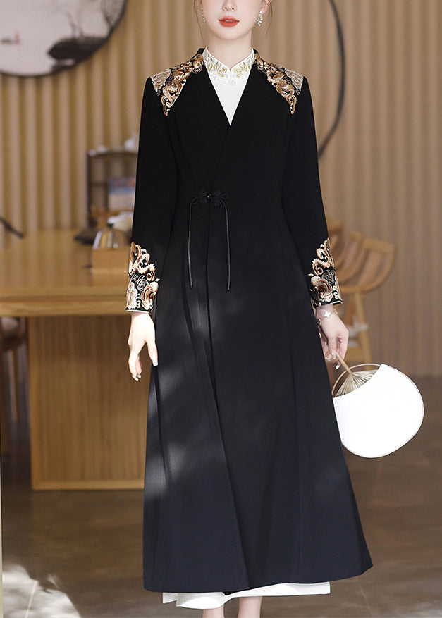 Chic Black V Neck Embroidered Button Satin Trench Coats Fall