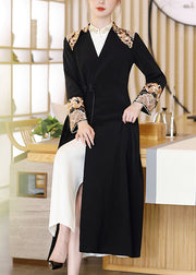 Chic Black V Neck Embroidered Button Satin Trench Coats Fall
