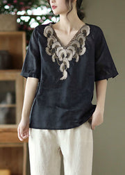 Chic Black V Neck Embroidered Linen Floral Shirts