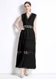 Chic Black V Neck Hollow Out Patchwork Wrinkled Cotton Long Dresses Sleeveless